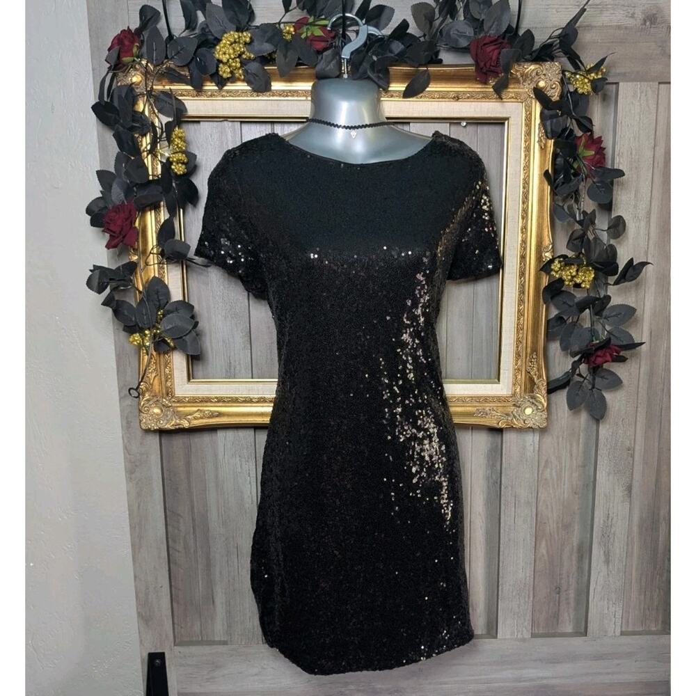 Pink Lily Black Sequin Mini Dress Open Back Party Dress Y2K Size Medium
